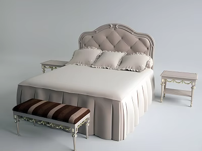 Elegant Double Bed With Upholstered Diamond Tufted Headboard Matching Nightstands And Striped Bench 3d model