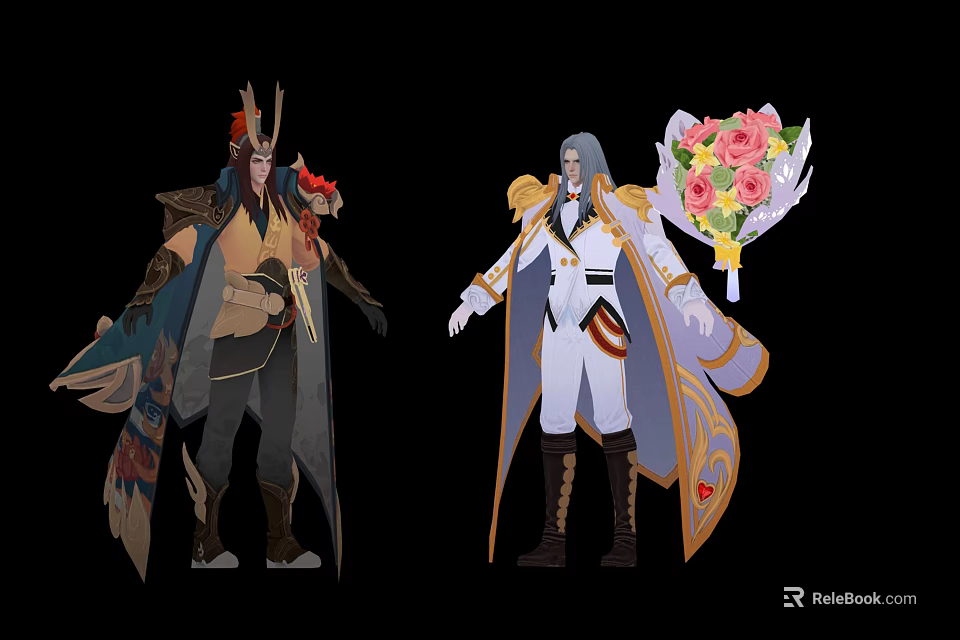 Fantasy Characters With Feathered Dark Attire And White Haired Figure Holding Pink Yellow Flower Bouquet 3d model 