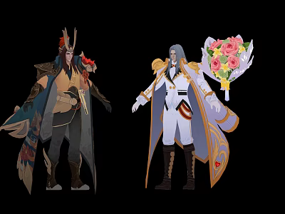 Fantasy Characters With Feathered Dark Attire And White Haired Figure Holding Pink Yellow Flower Bouquet 3d model