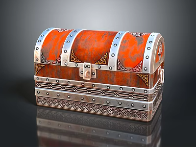 Vintage Red Treasure Chest With Metal Straps Rivets And Decorative Lock On Reflective Black Surface 3d model