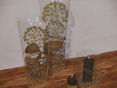 Decorative Ornament Set with Clear Glass Containers Dried Flowers Pebbles and Black Candles on Wooden Tabletop 3d model