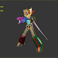 Humanoid Mechanical Character In Red Blue Armor With Horned Head Holding Small Creature And Sword