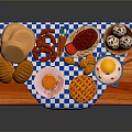 Assorted Morning Foods on Wooden Tray With Bread Pancakes Fruits Jam and Checkered Cloth