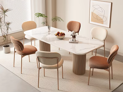Elegant Modern Dining Table Set With Beige Velvet Chairs Marble Top Metal Legs And Plants 3d model