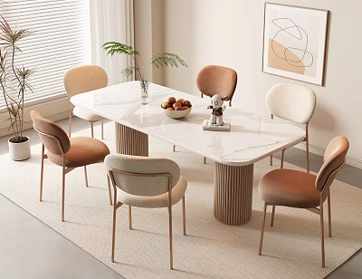 Elegant Modern Dining Table Set With Beige Velvet Chairs Marble Top Metal Legs And Plants 3d model