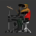 Cartoon Drummer Playing Complete Drum Set With Cymbals Sticks And Stool