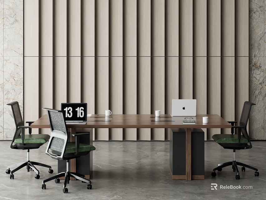 Modern Office Desk With Laptop Clock White Cups Rolling Chairs Against Beige Vertical Striped Wall 3d model 