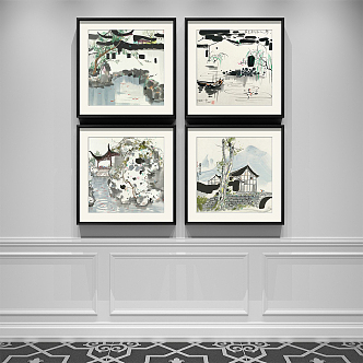 New Chinese architectural painting black and white porch abstract architectural decorative painting 3d model