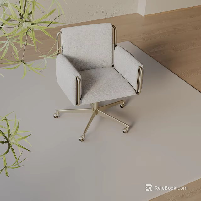 Modern Office Chair with Light Gray Fabric Metal Armrests Swivel Rolling Base and Green Plant 3d model 