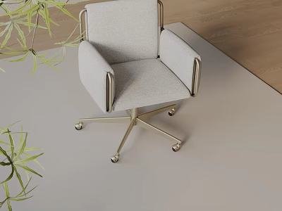 Modern Office Chair with Light Gray Fabric Metal Armrests Swivel Rolling Base and Green Plant 3d model