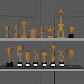 Trophies and Medals with Various Shapes Displayed on White Shelves