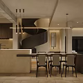 Modern Open Living and Dining Room With Sofa Coffee Table Fireplace Spiral Staircase And Plants