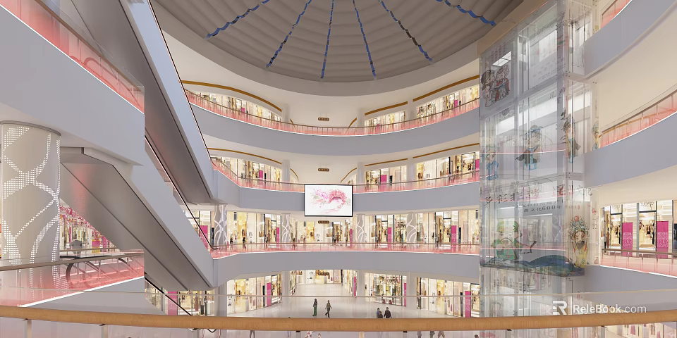Modern Shopping Mall Atrium With Domed Ceiling Multi Level Stores And Digital 3d model 