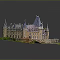 Medieval Stone Castle Architecture With Multiple Towers Spires Courtyard And Green Areas