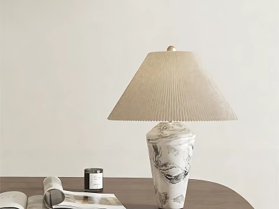 Ceramic Table Lamp With Black White Pattern And Pleated Lampshade On Wooden Table 3d model