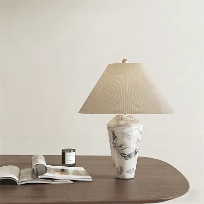 Ceramic Table Lamp With Black White Pattern And Pleated Lampshade On Wooden Table 3d model