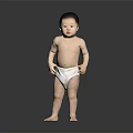 Adorable Small Baby Standing In White Diaper With Hands On Belly Against Gray Background
