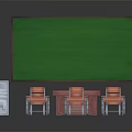 Cartoon Style Classroom Scene With Green Chalkboard Teacher Desk Wooden Chairs And White Cabinet