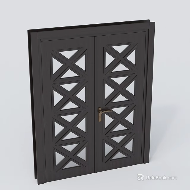 Modern Black Double Door Exterior Design With Geometric Cross Pattern And Brass Handle 3d model 