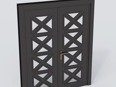 Modern Black Double Door Exterior Design With Geometric Cross Pattern And Brass Handle 3d model