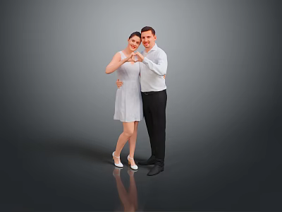Woman in white dress making heart shape with man against gray background and floor reflection 3d model