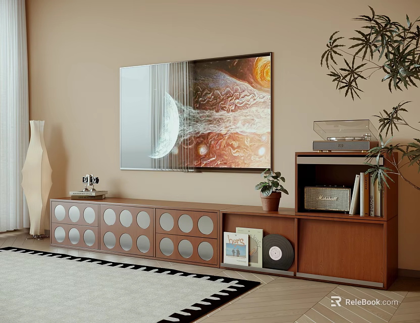 Wooden TV Stand With Circular Panels Holding TV Books Records And Potted Plant 3d model 