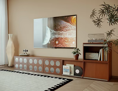 Wooden TV Stand With Circular Panels Holding TV Books Records And Potted Plant 3d model