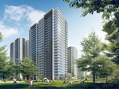High Rise Residential Buildings With Green Trees Lawn And People Relaxing Under Blue Sky 3d model