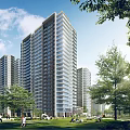 High Rise Residential Buildings With Green Trees Lawn And People Relaxing Under Blue Sky