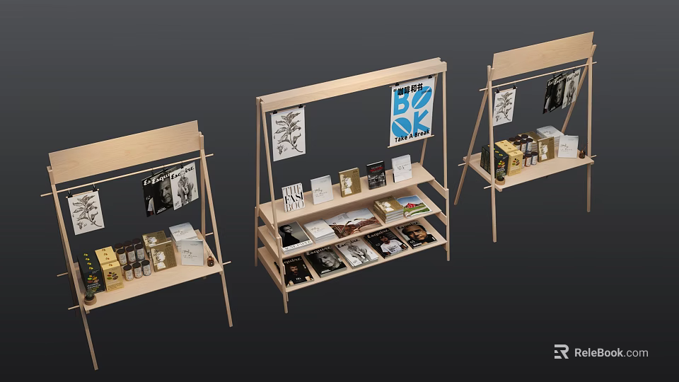 Wooden Multi-layer Display Shelves With Decorative Ornament Set And Art Prints 3d model 