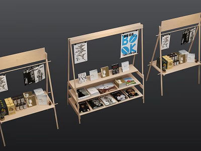 Wooden Multi-layer Display Shelves With Decorative Ornament Set And Art Prints 3d model
