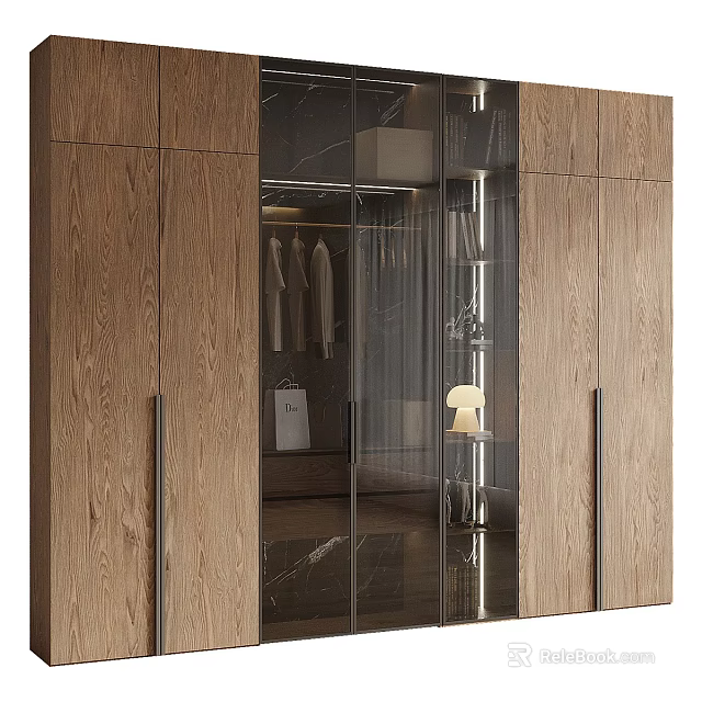 Elegant Modern Wardrobe With Wooden Cabinetry Glass Doors Hanging Space And Interior Lighting 3d model 