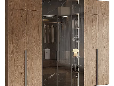 Elegant Modern Wardrobe With Wooden Cabinetry Glass Doors Hanging Space And Interior Lighting 3d model