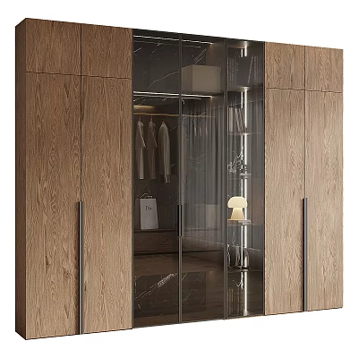 Elegant Modern Wardrobe With Wooden Cabinetry Glass Doors Hanging Space And Interior Lighting 3d model