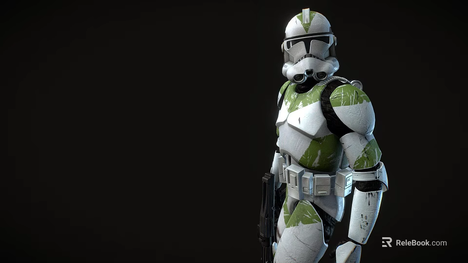 Man Wearing White And Green Armor With Helmet Standing Against Black Background 3d model 