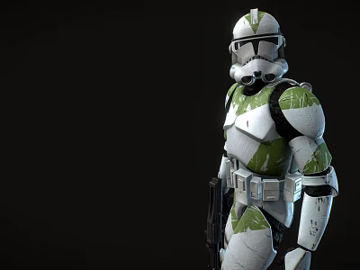 Man Wearing White And Green Armor With Helmet Standing Against Black Background 3d model