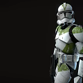 Man Wearing White And Green Armor With Helmet Standing Against Black Background