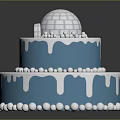 Two Tiered Blue And White Cake With Dripping Frosting Dome Top And Ball Decorations