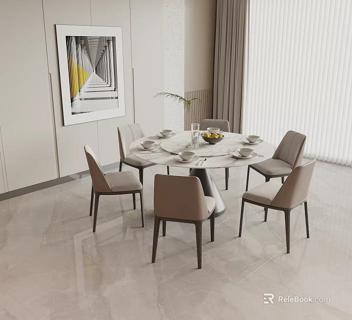Modern Round Dining Table Set With Six Beige Chairs And Decorative Elements 3d model
