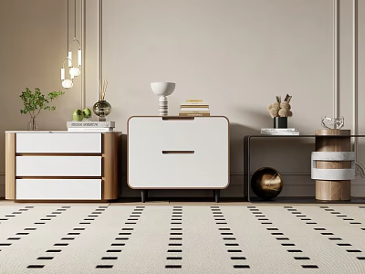 Modern Wooden Nightstand With White Drawer Decorative Items And Green Plant 3d model