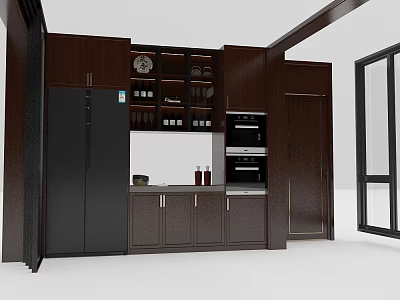 Modern Kitchen Interior Featuring Dark Wood Cabinets Refrigerator And Oven Storage 3d model