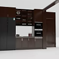 Modern Kitchen Interior Featuring Dark Wood Cabinets Refrigerator And Oven Storage