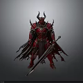 Mythical Spiked Sword With Ornate Details Held By Red Armored Horned Warrior
