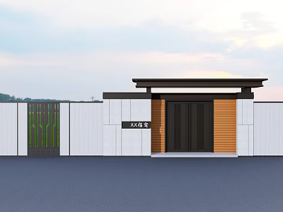 Modern Entrance Gate Design With White Wall Wooden Panels And Black Door 3d model