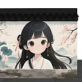 Chinese Traditional Scenic Wall With Hanfu Girl Cherry Blossoms Lotus And Distant Mountains