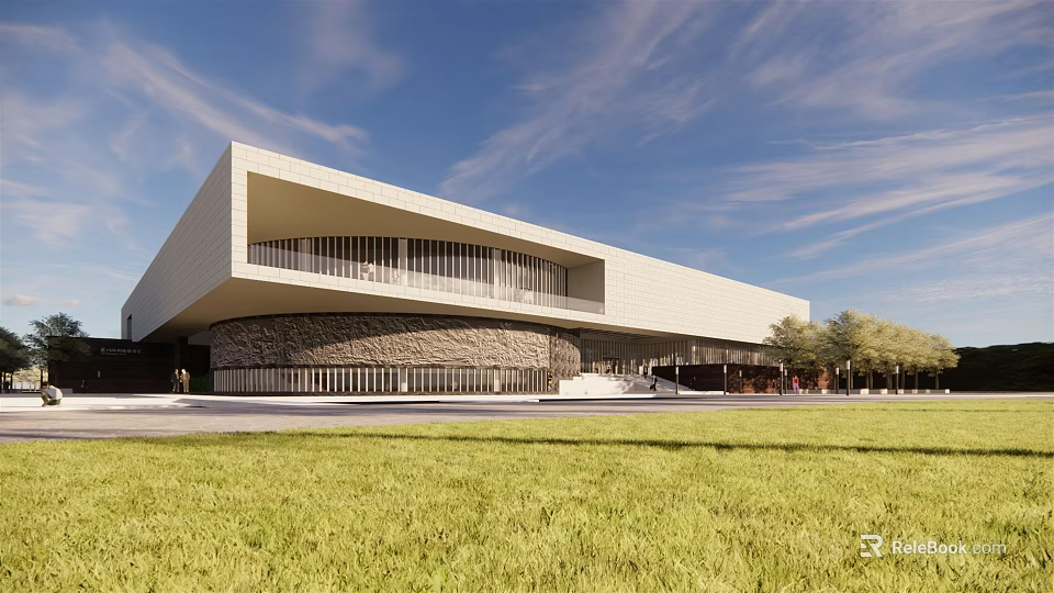 Modern Contemporary Building Exterior Design With White Facade Stone Base And Green Lawn 3d model 