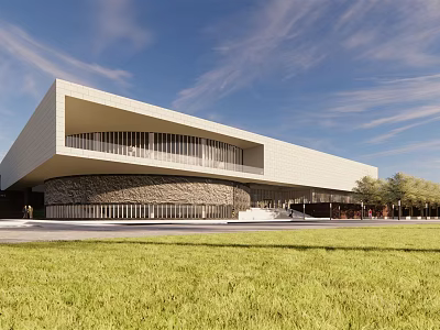Modern Contemporary Building Exterior Design With White Facade Stone Base And Green Lawn 3d model