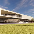 Modern Contemporary Building Exterior Design With White Facade Stone Base And Green Lawn