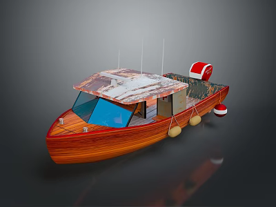 Vintage Wooden Boat With Rusted Metal Roof Red Lifebuoy And Blue Windows 3d model