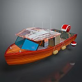 Vintage Wooden Boat With Rusted Metal Roof Red Lifebuoy And Blue Windows